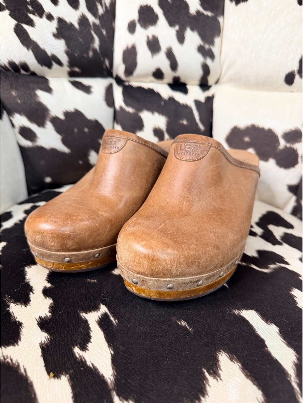UGG Y2K Brown Leather Clogs with Wooden Heels